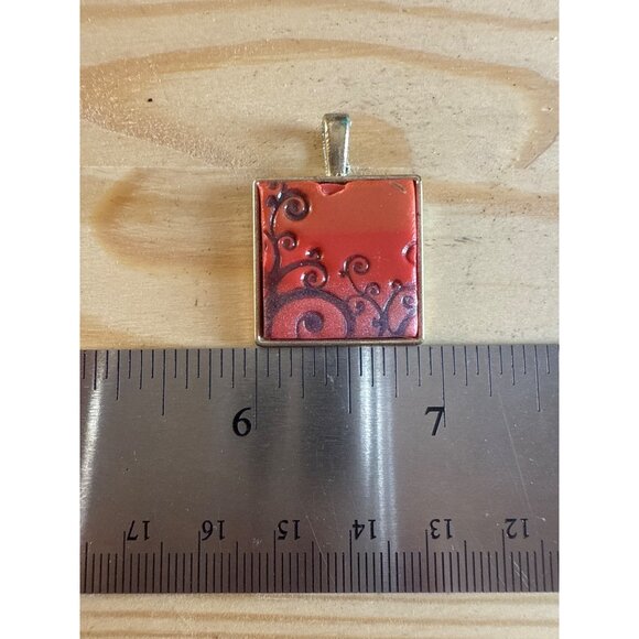 Square Red & Black Swirl Pattern Pendant With Silver-Tone Metal Base - Picture 5 of 5